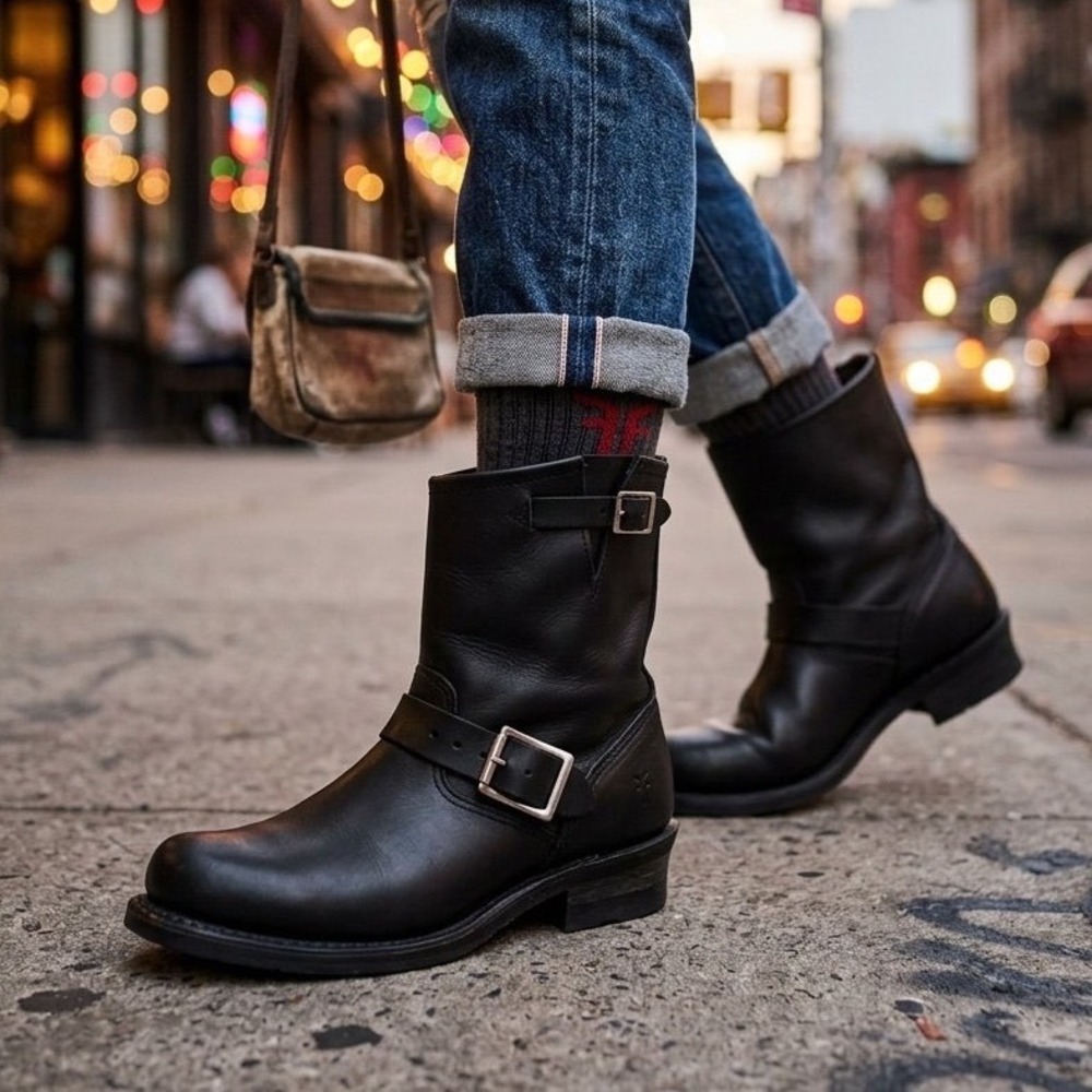 Frye Engineer 8R Black Leather Moto Boots 77500 - Womens Size 6M